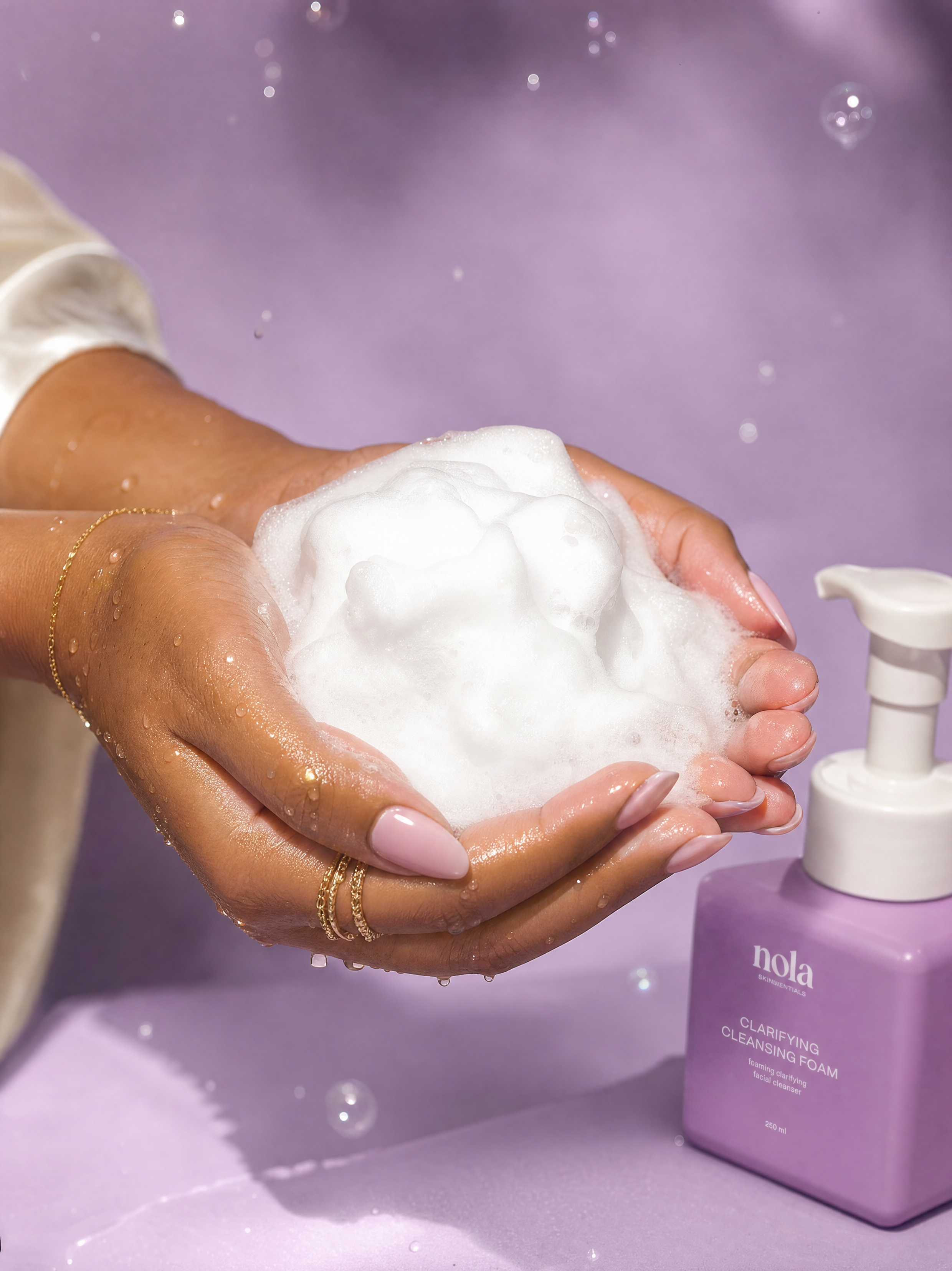 Close-up of the rich, foamy texture of Clarifying Cleansing Foam.
