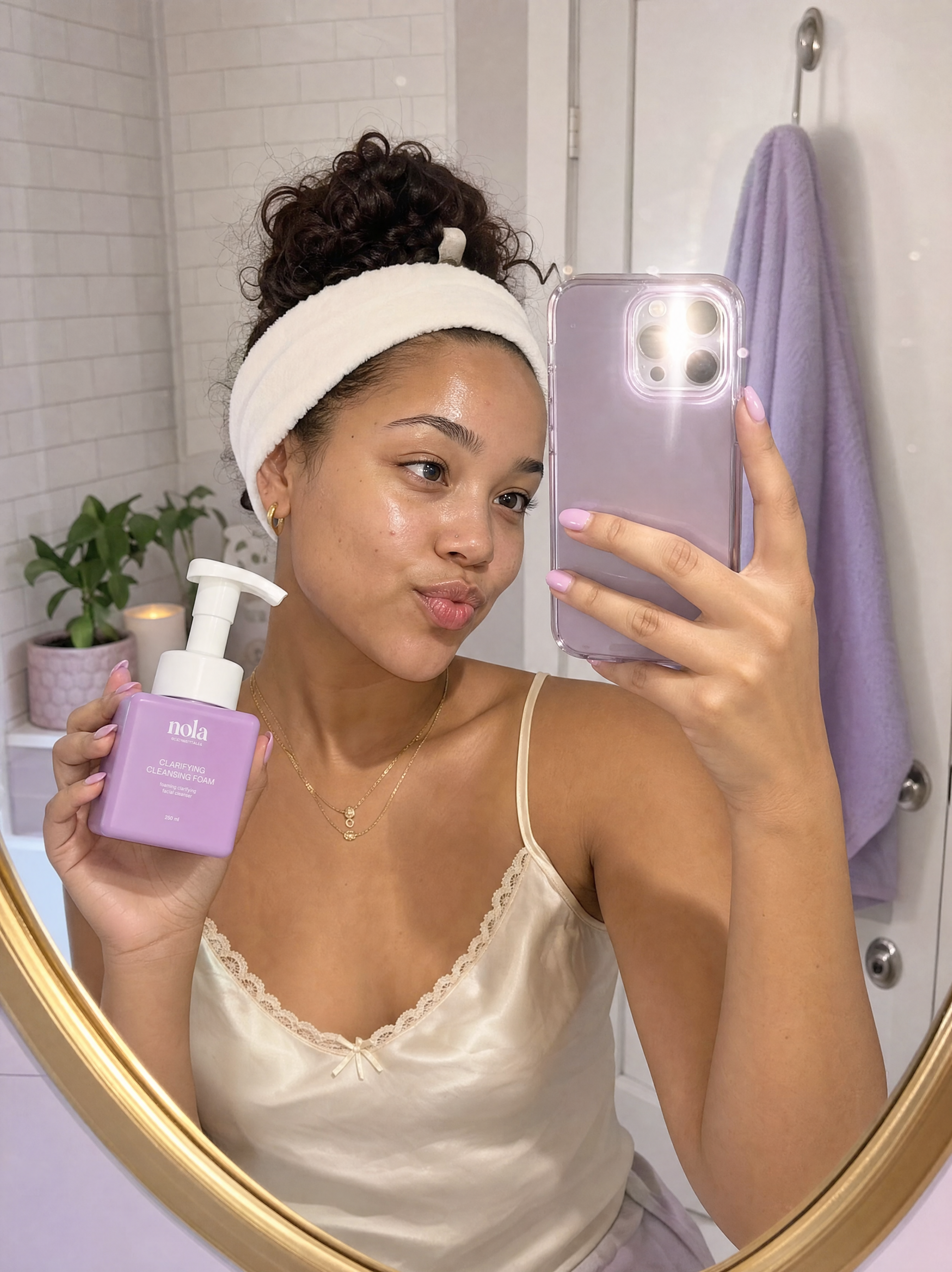 Woman holding Clarifying Cleansing Foam in her bathroom mirror selfie.