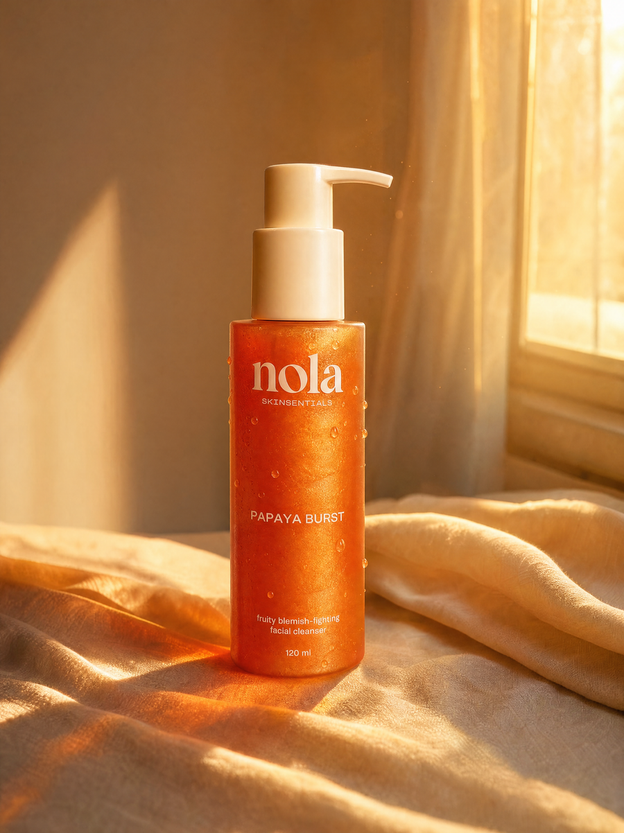 Papaya Burst facial cleanser bottle styled in soft natural light.