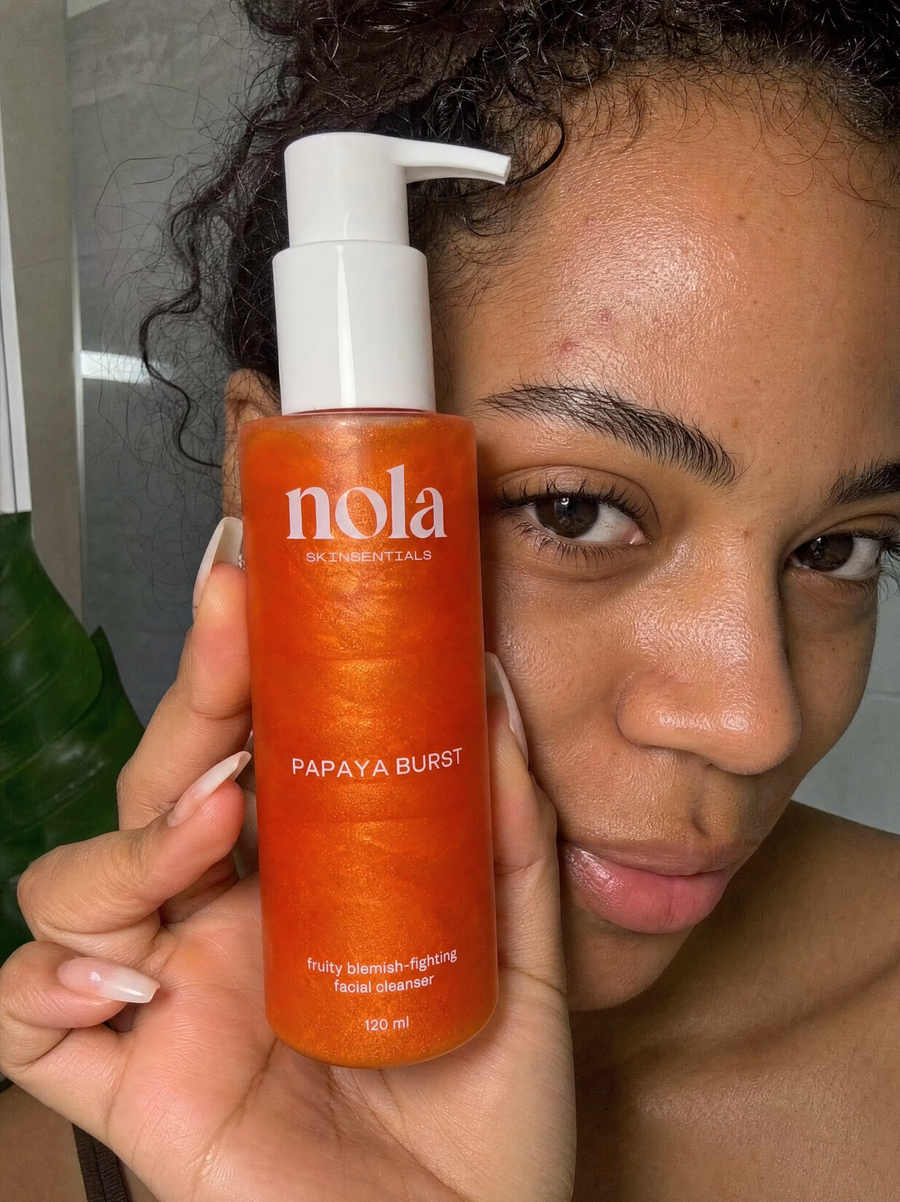 Close-up of clearer, acne-prone skin after using Papaya Burst cleanser.
