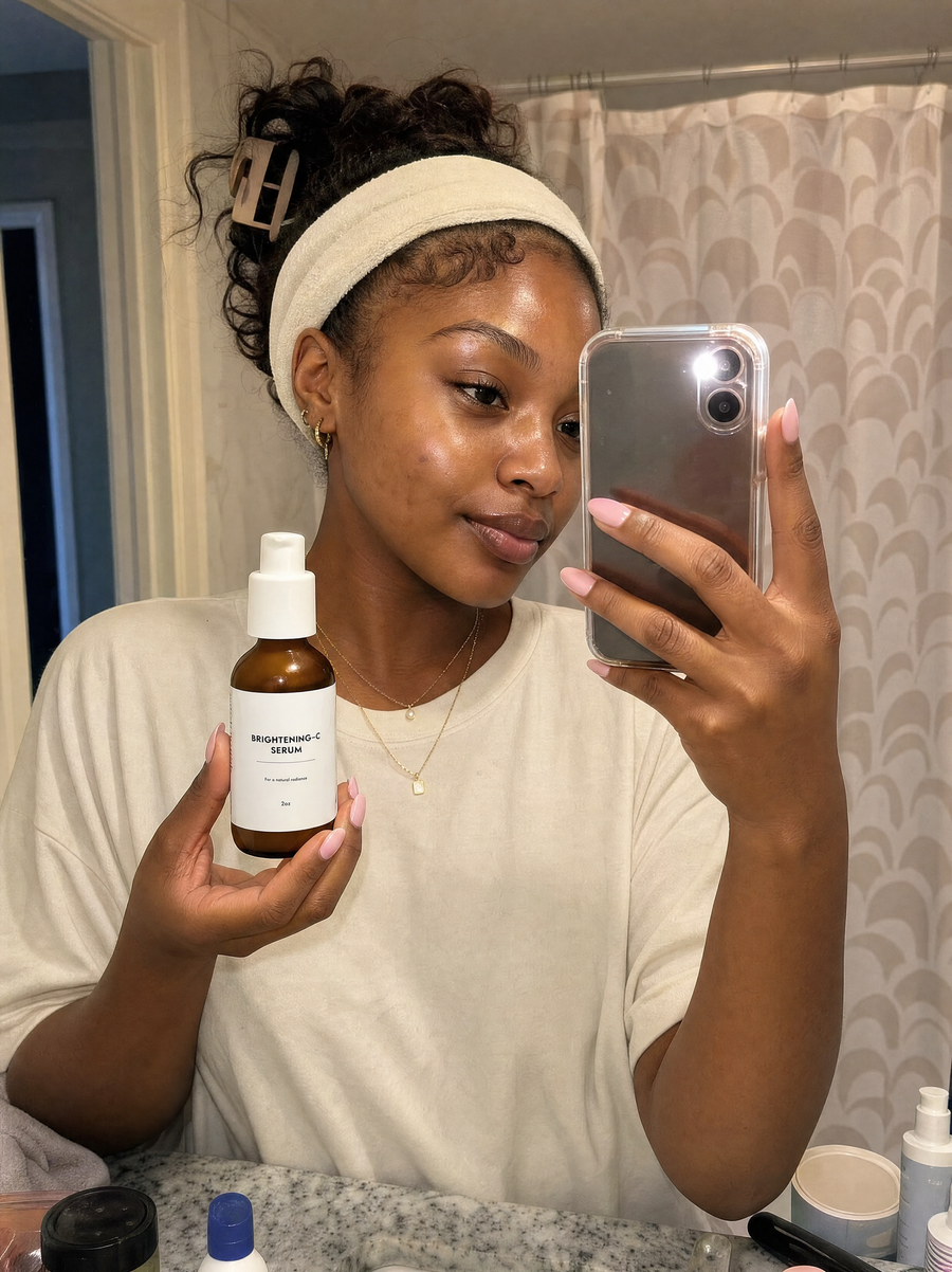Brightening-C Serum applied to the face for dark spots and dull skin
