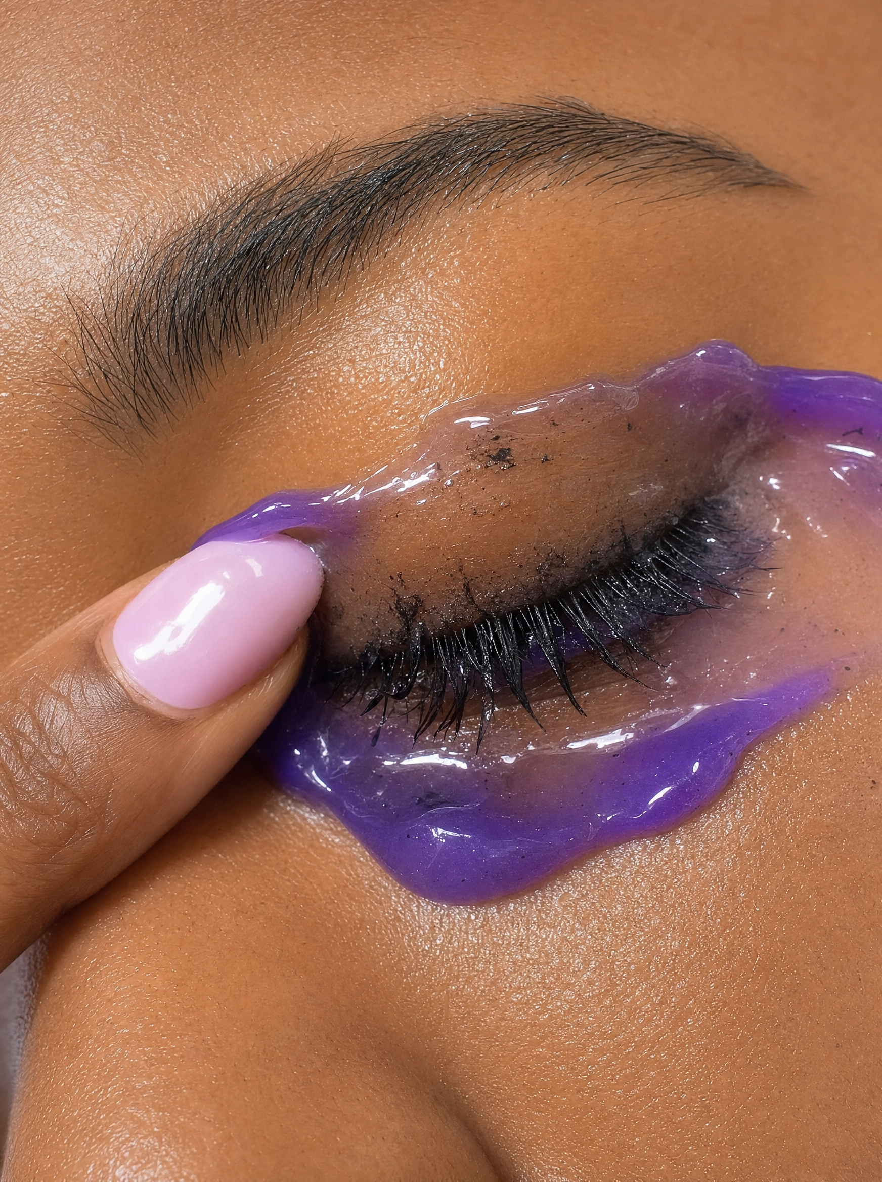 Purple jelly cleanser dissolving eye makeup while cleansing the face.