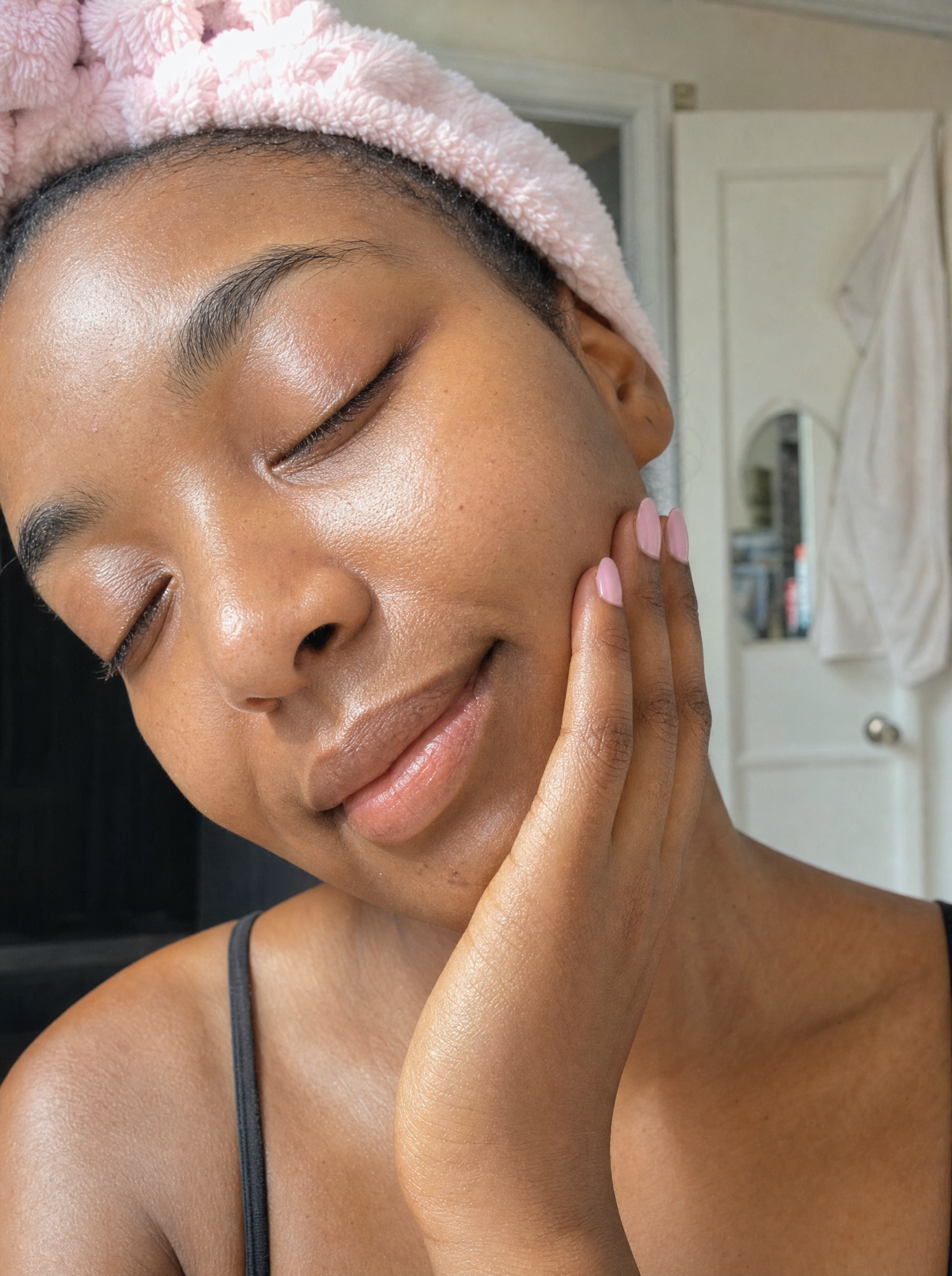 Woman showing soft, glowing skin after using Baby Skin face wash.