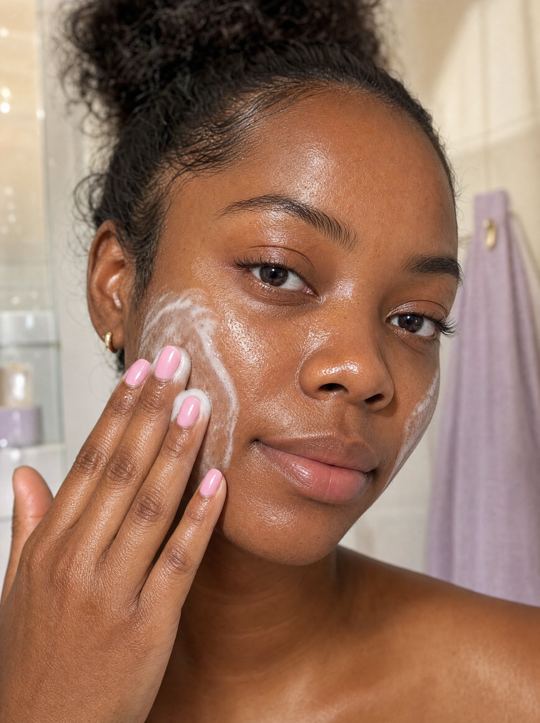 Woman massaging Baby Skin ceramide face wash onto her face.