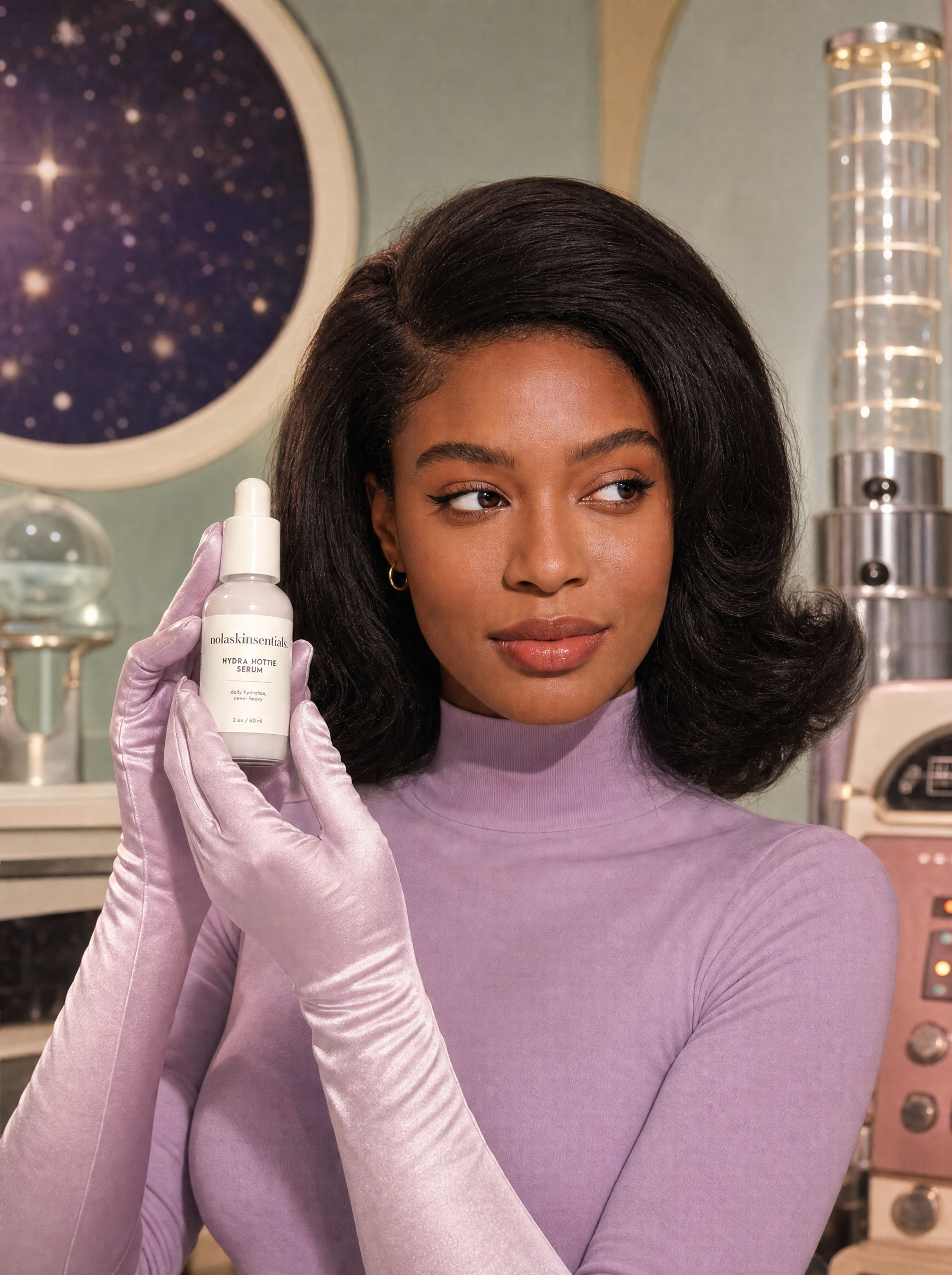 Model holding Hydra Hottie Serum in a soft lavender beauty campaign by NOLA Skinsentials