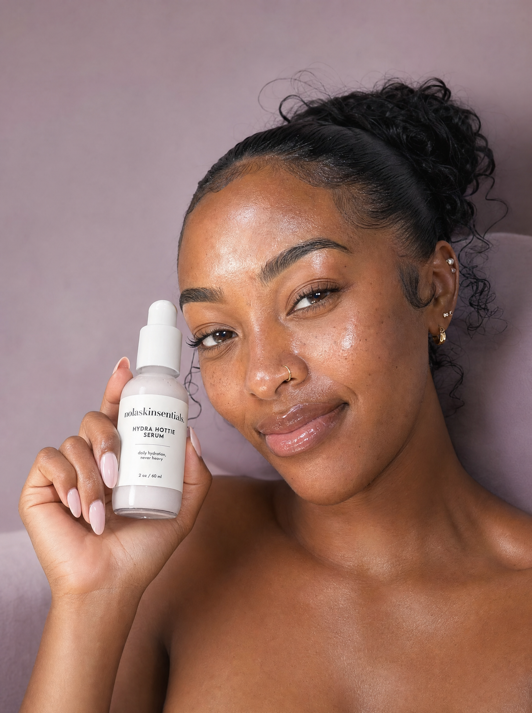 Glowing hydrated skin close-up featuring Hydra Hottie Serum results by NOLA Skinsentials