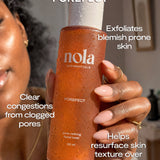 Woman holding Porefect toner with water droplets and skin benefit text.